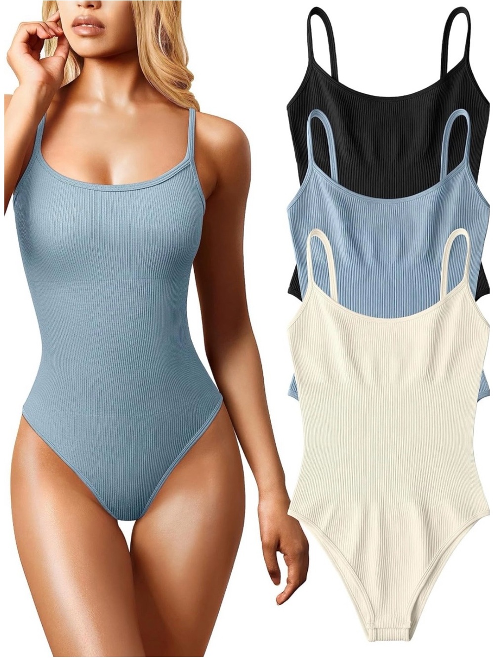 OQQ Women's Sleeveless Ribbed Bodysuits- 3 Pk